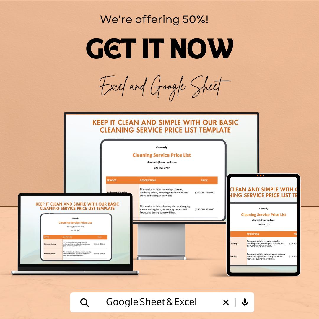 Cleaning Service Price List Template | Google Sheets & Excel | Editable Pricing Sheet | Housekeeping Rate Chart | Instant Download