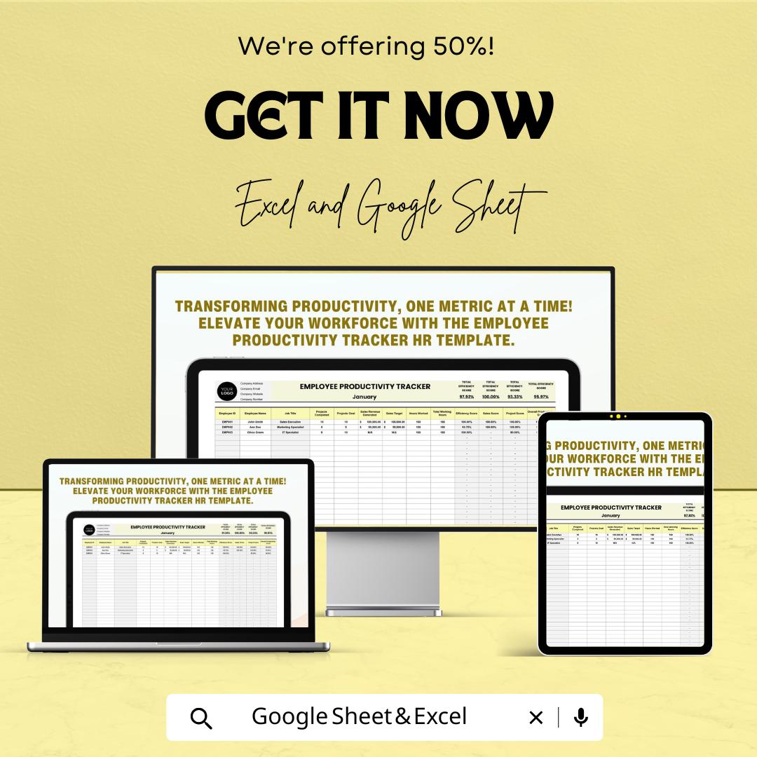 Employee Productivity Tracker HR Template - Excel & Google Sheets, Boost Team Efficiency, Performance Metrics, HR Management Tool