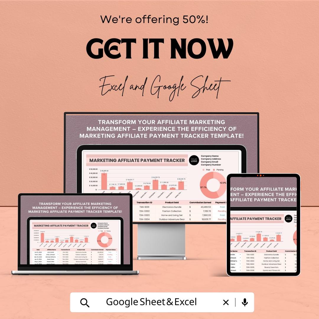 Marketing Affiliate Payment Tracker Sheet | Excel and Google Sheet | Track Affiliate Payments, Commissions, & Earnings | Digital Template