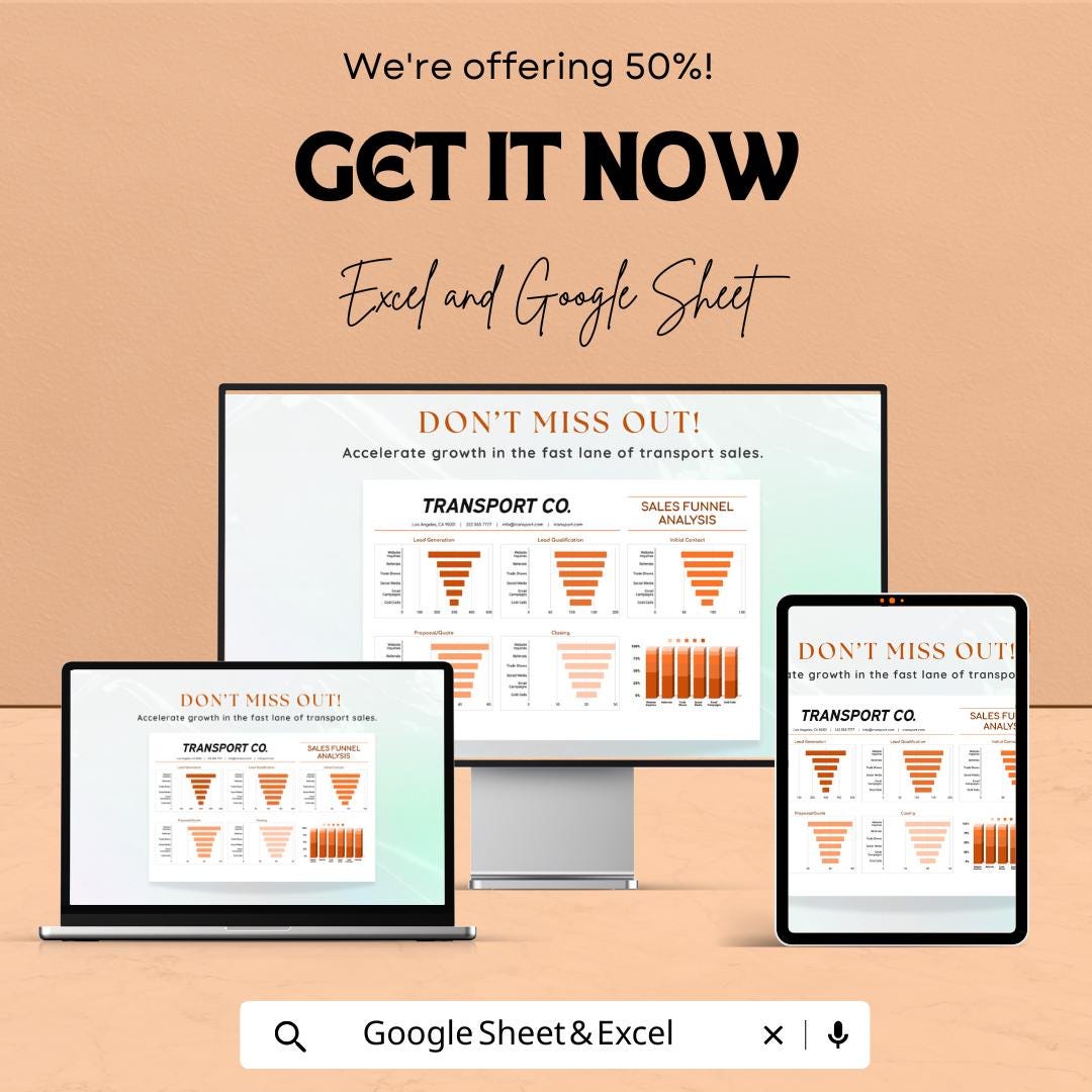 Sales Funnel Analysis Template | Transport and Logistics Lead Tracker | Google Sheet & Excel Funnel KPI Dashboard | B2B Sales Report