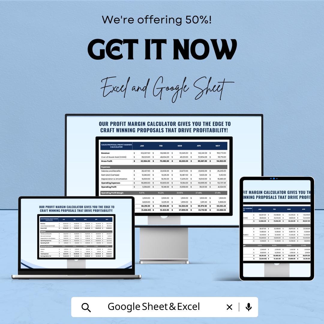 Sales Proposal Profit Margin Calculator Sheet | Excel and Google Sheets | Automated Template for Profitability, Cost & Revenue Analysis