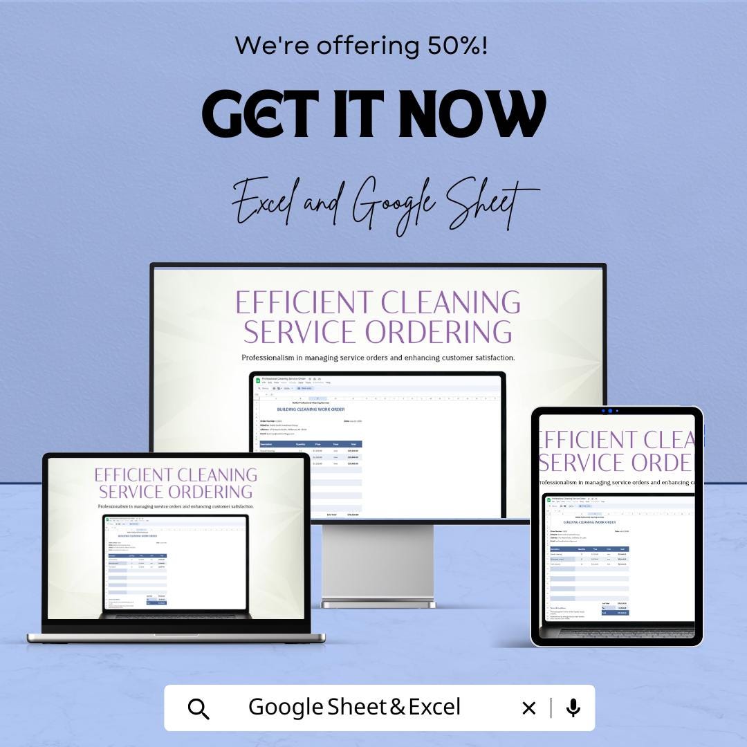 Professional Cleaning Service Order Sheet - Excel & Google Sheet - Easy Work Order Management for Cleaning Services