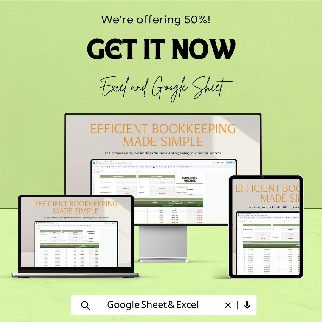 Bookkeeping Workbook Sheet for Financial Management | Google Sheet Template | Track Income & Expenses | Budgeting and Accounting Tool