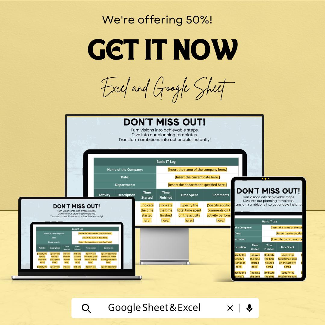 Basic IT Log Sheet | Google Sheets & Excel Template | Editable IT Activity Tracker, Time Log, Task Record Sheet for Teams