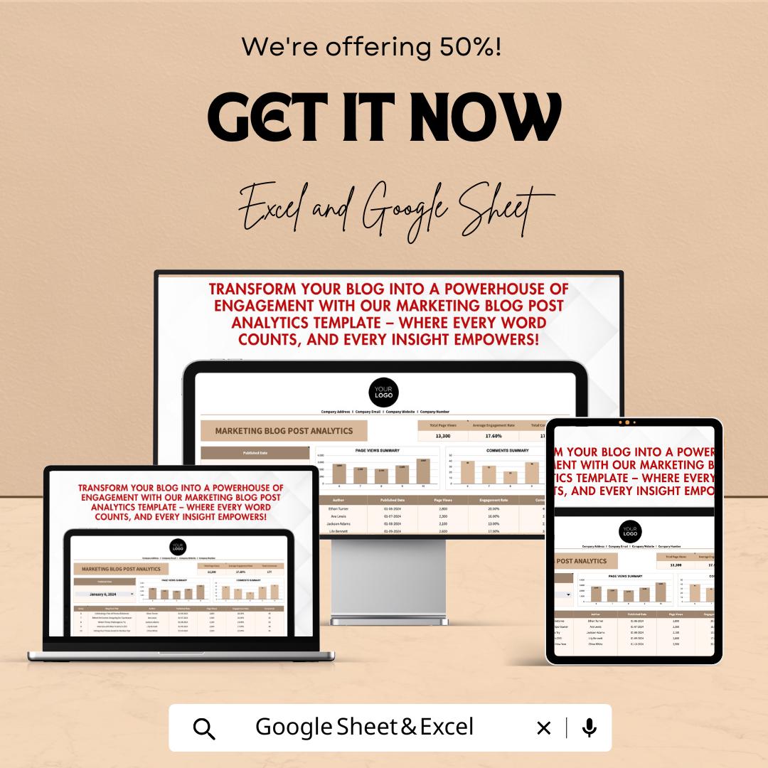 Marketing Blog Post Analytics Sheet | Excel & Google Sheet | Blog Content Tracker | Engagement Report | SEO Performance Dashboard