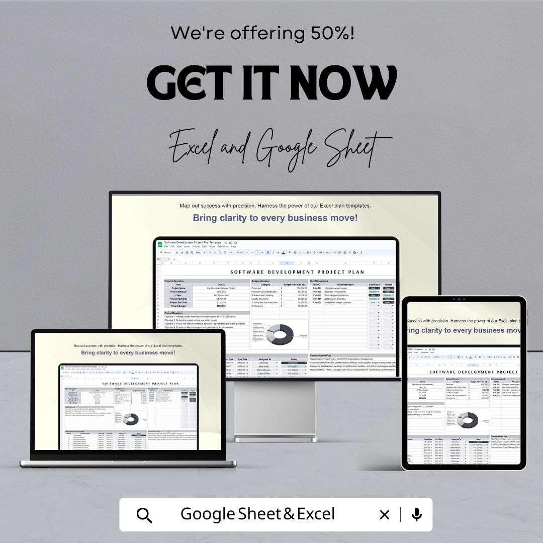Software Development Project Plan Sheet – Editable Google Sheet and Excel | Gantt Chart Template | Software Task & Budget Tracker