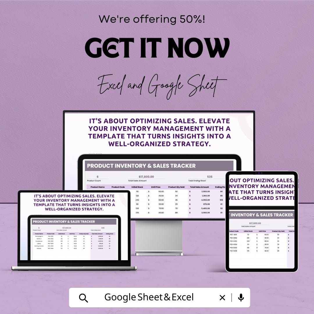 Product Inventory and Sales Tracker Sheet | Excel and Google Sheets | Stock and Order Log | Sales Report Template | Instant Download