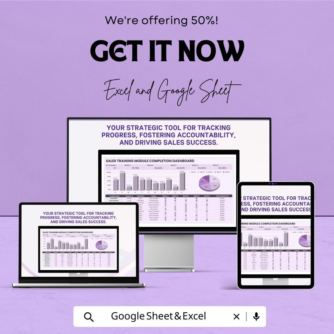 Sales Training Module Completion Dashboard Template | Excel and Google Sheet | Auto-Calculated & Formulated | Employee Training Tracker