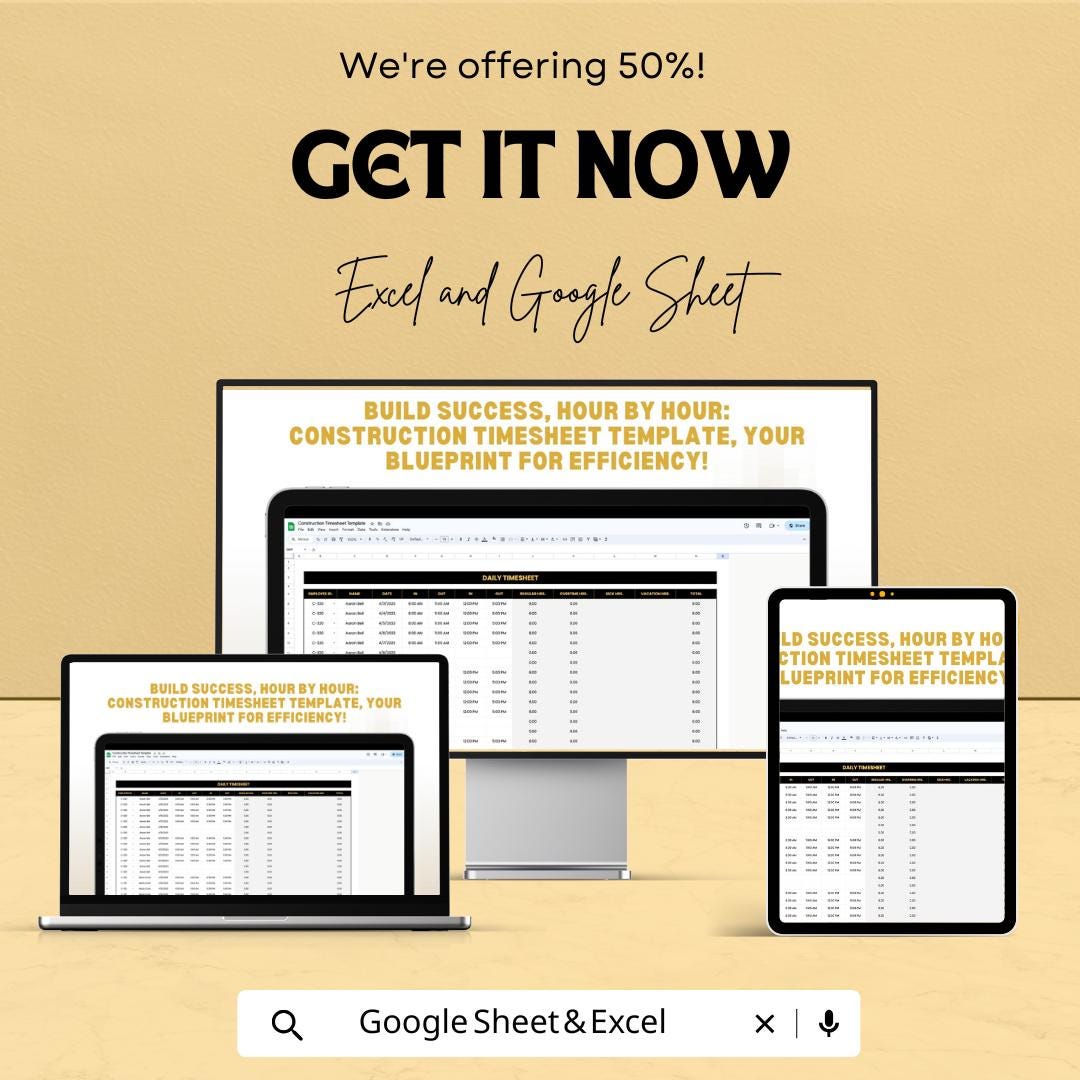Construction Timesheet Template | Excel & Google Sheet | Track Hours, Crew, Costs | Project Management Spreadsheet