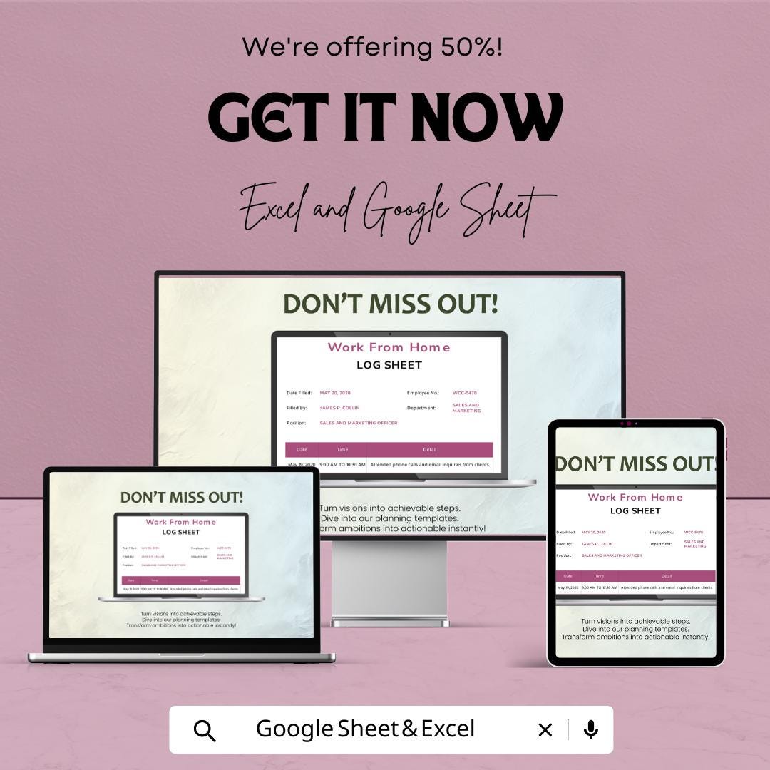 Simple Work from Home Log Sheet Template | Track Daily Work Hours and Activities | Google Sheet & Excel File | Work Log for Remote Jobs