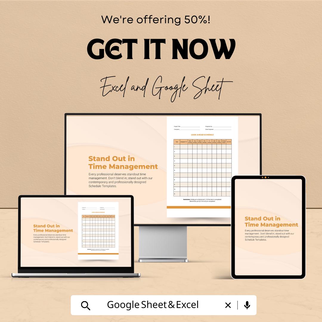 Look Ahead Schedule Sheet – Excel and Google Sheet Template | Task & Time Management Planner | 50% Off