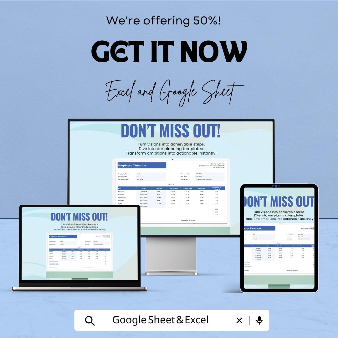 Employee Timesheet Template - Excel & Google Sheets, Track Work Hours, Attendance, Overtime Calculation, HR Management