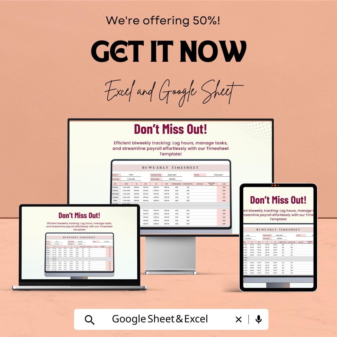 Biweekly Timesheet Template - Easy Excel & Google Sheet for Payroll Tracking, Time Management, and Task Logging