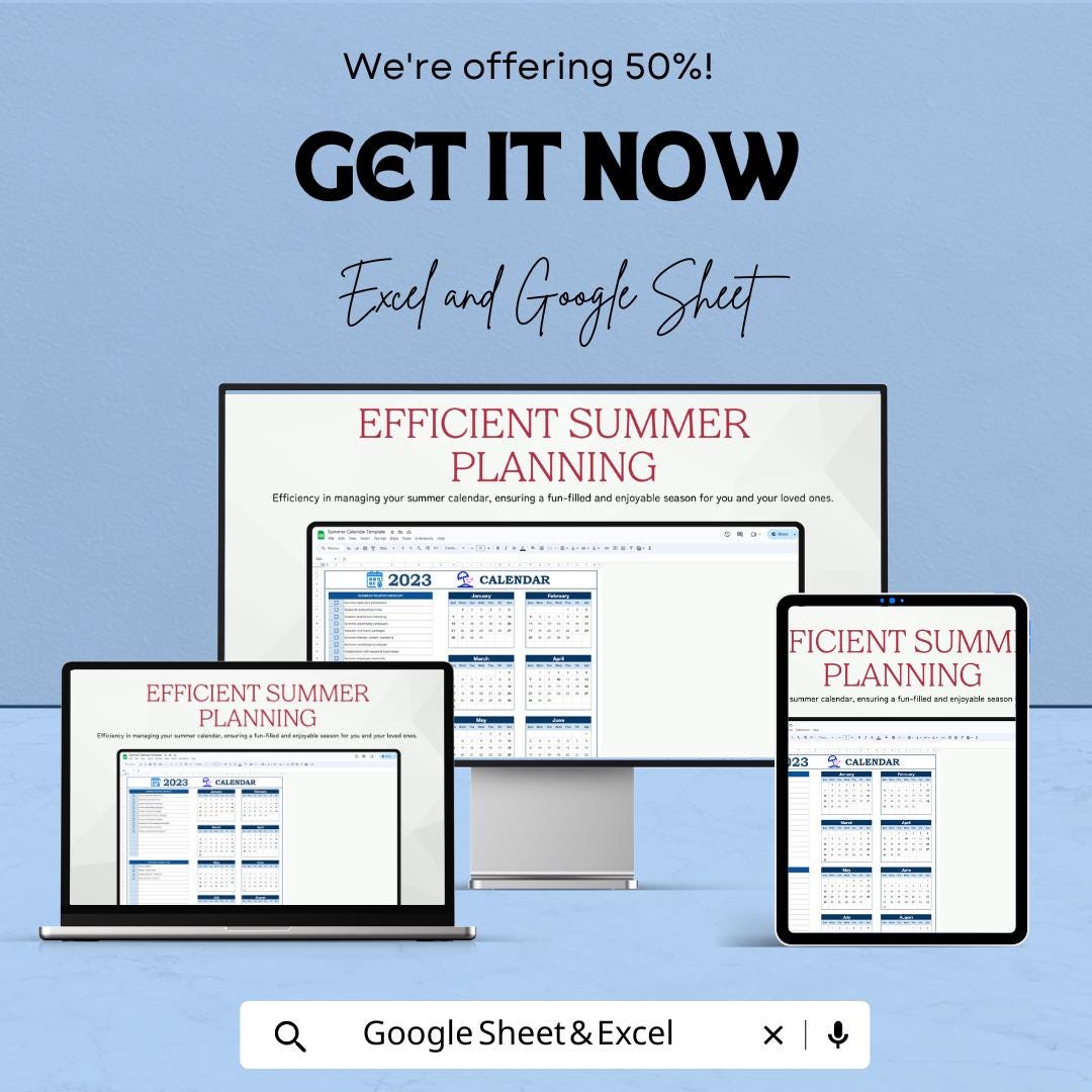 Printable Summer Calendar Sheet 2023 | Google Sheets and Excel | Vacation & Activity Planner | Summer Schedule Organizer