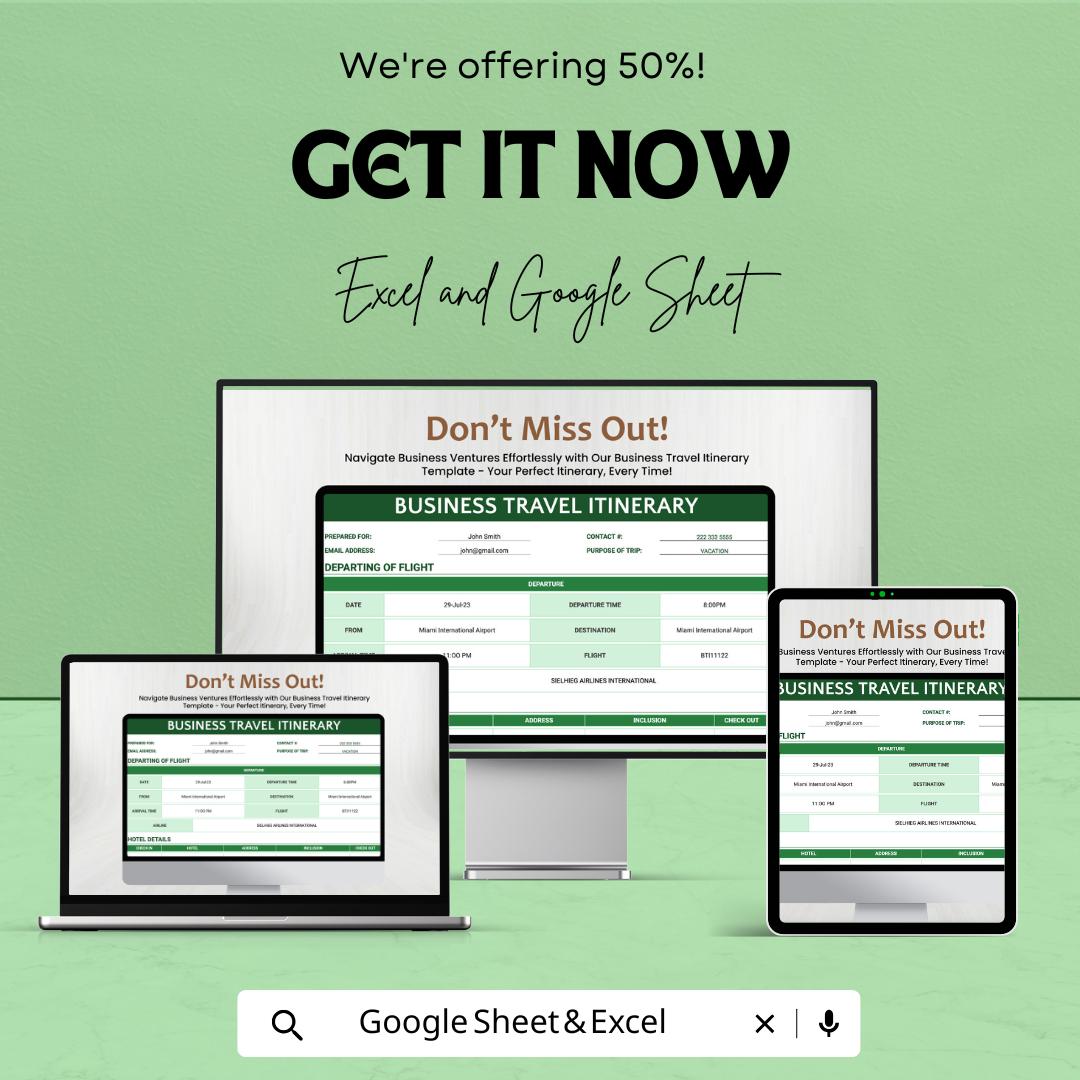 Business Travel Itinerary Template - Excel & Google Sheets - Easy-to-Use Travel Planner for Corporate Trips - Downloadable Template
