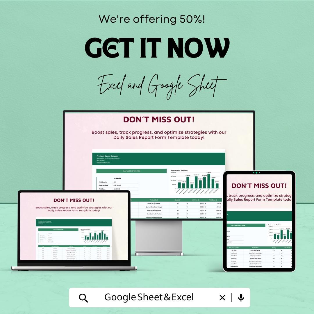 Daily Sales Report Form Sheet - Excel & Google Sheets Template - Track Sales, Performance Metrics, and Product Analysis