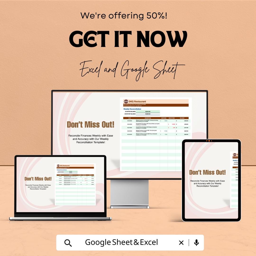 Weekly Reconciliation Sheet for Finances | Excel & Google Sheet Template | Financial Reconciliation Tracker | Budget Management Tool