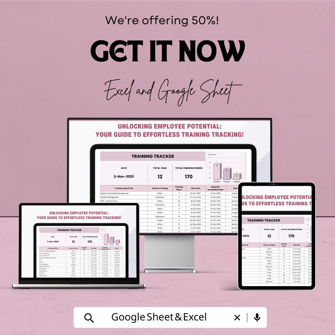 Training Tracker Sheet | Employee Training Log | Excel and Google Sheet | HR Training Management Spreadsheet | Task & Hours Tracker
