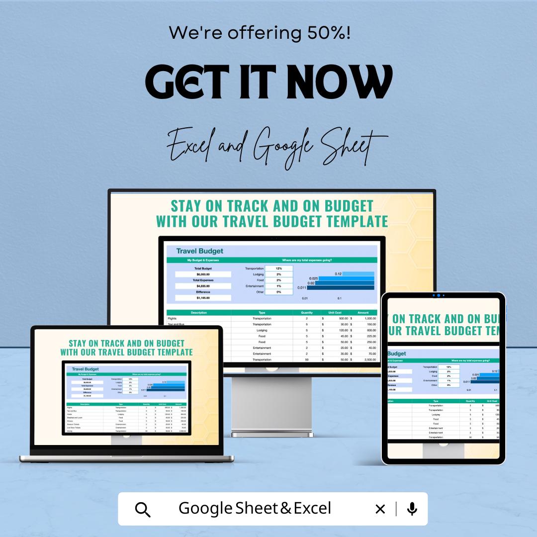 Travel Budget Sheet Template | Trip Expense Tracker | Vacation Planner Excel & Google Sheets | Travel Cost Planner