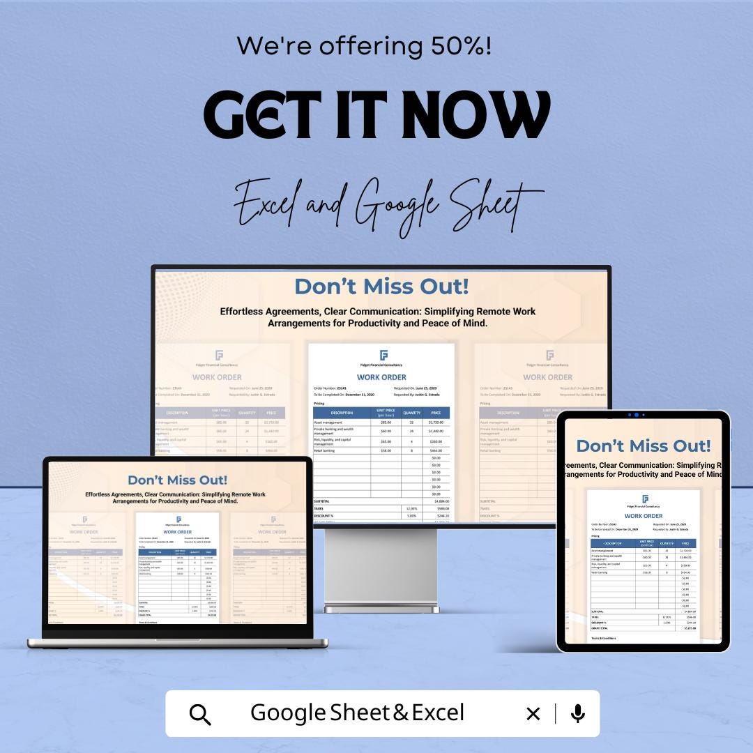 Work From Home Service Order Sheet | Google Sheets & Excel | Remote Work Agreement Template | Editable Work Order Form | Freelancer Invoice