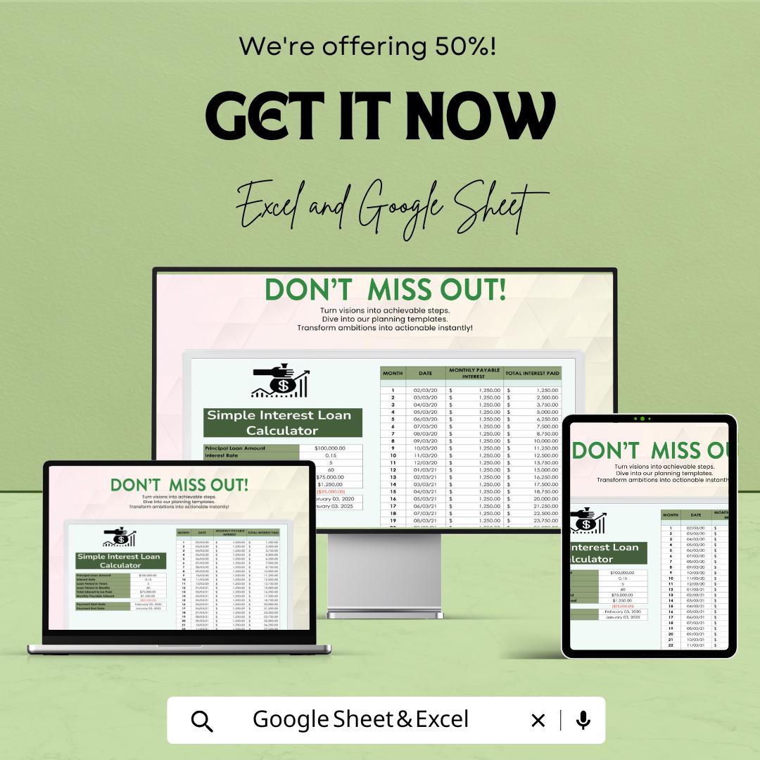 Simple Interest Loan Calculator Sheet | Excel & Google Sheets | Monthly Repayment Tracker | Loan Amortization Template