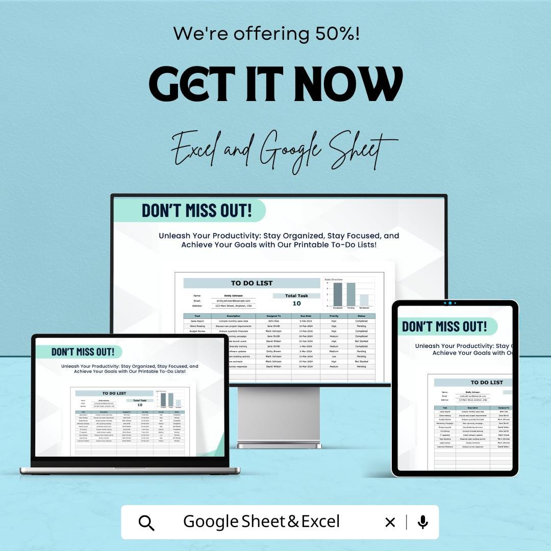 Printable To Do List Excel & Google Sheet | Task Tracker | Daily Planner | Editable Productivity Spreadsheet | Instant Download