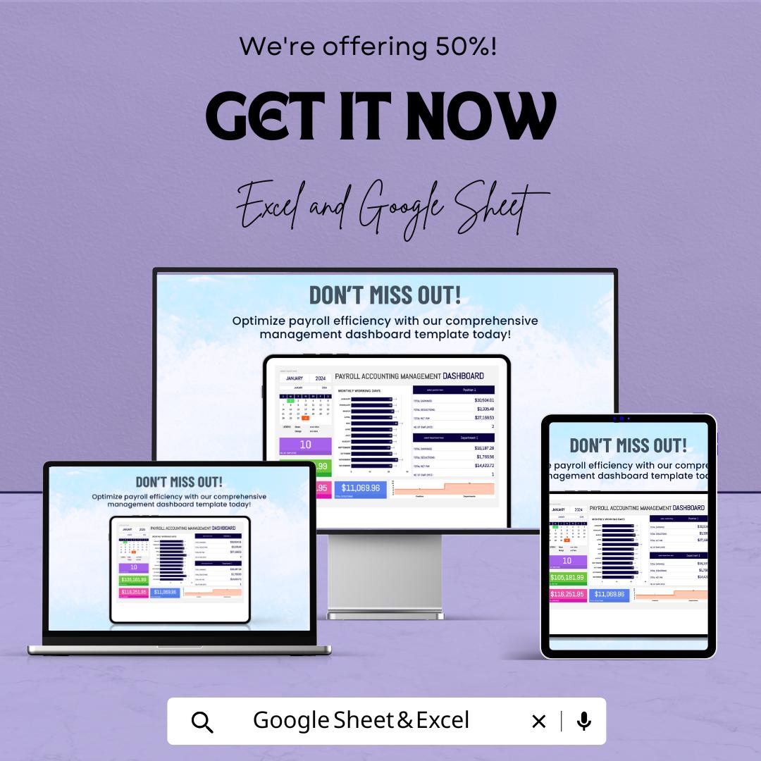 Payroll Accounting Management Dashboard | Google Sheet | Budget Tracker & Payroll Management Tool | Track Earnings, Deductions and Taxes