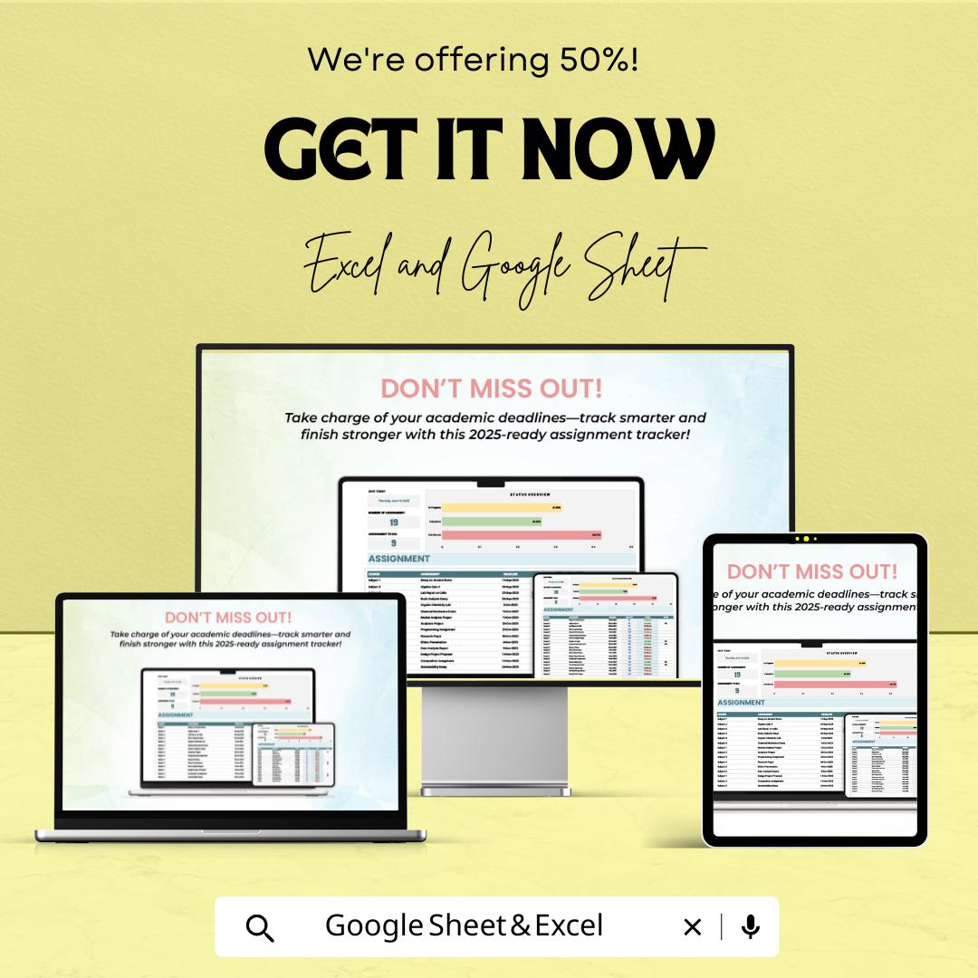 Assignment Sheet Template | Excel & Google Sheets | Task Tracker for Students | 2025 Academic Planner
