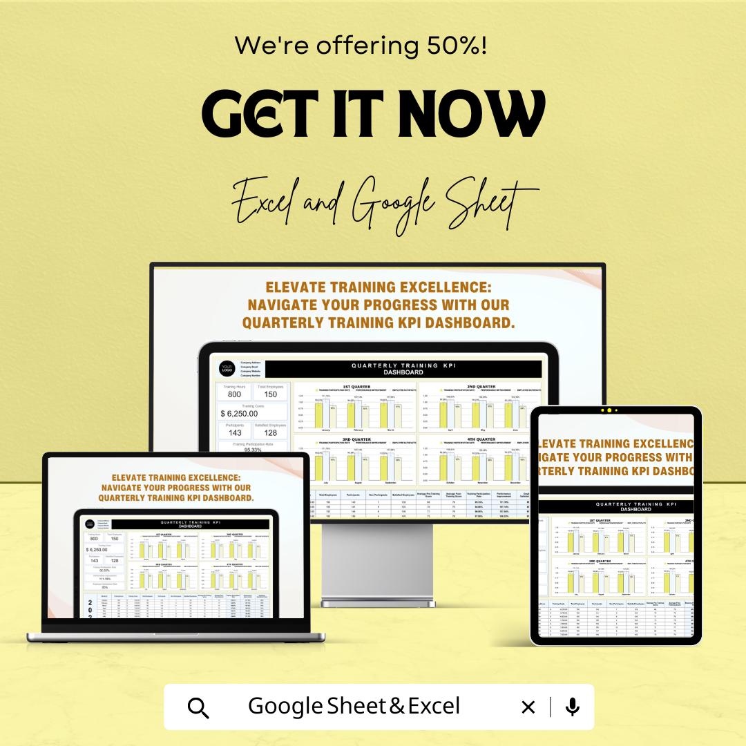Quarterly Training KPI Dashboard HR | Excel & Google Sheet | Employee Performance Tracker | HR Metrics | Instant Download