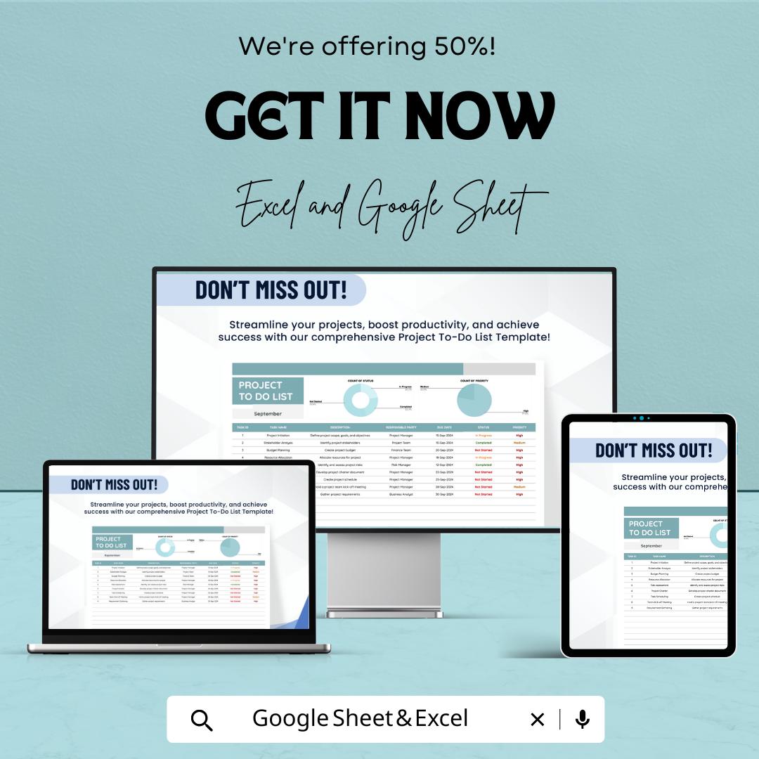 Project To Do List Spreadsheet | Google Sheets & Excel Task Planner | Project Task Tracker Dashboard | Business Productivity Template