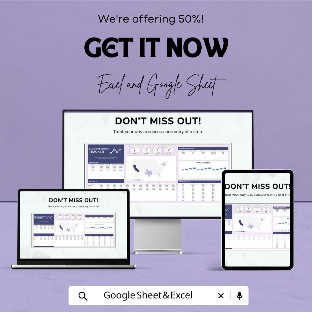 Sales and Investment Tracker Sheet | Excel and Google Sheets Dashboard | Business Report | Visual Data Template | Digital Download
