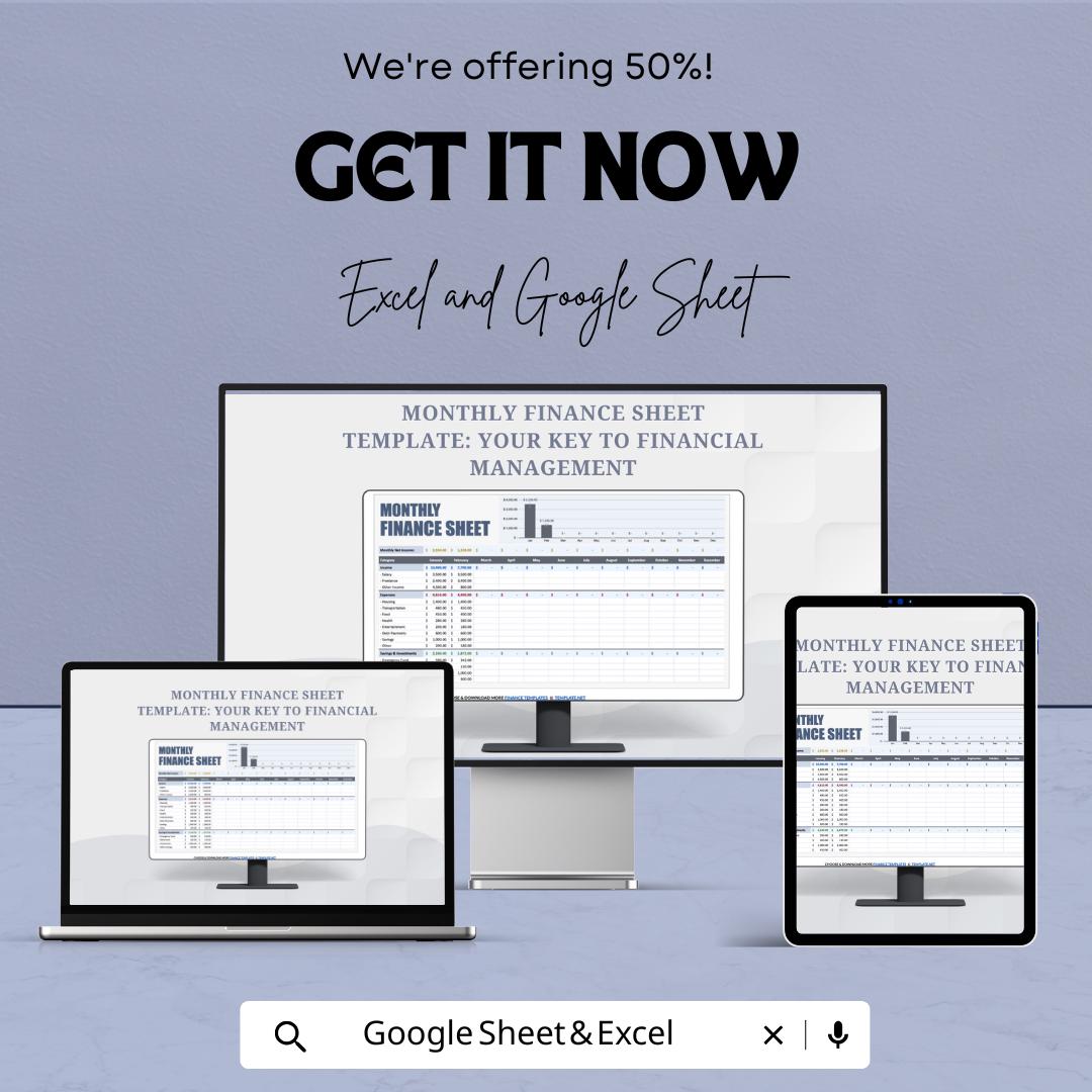 Monthly Finance Sheet | Excel and Google Sheets Template | Budgeting, Expense Tracking & Financial Planning | Instant Download