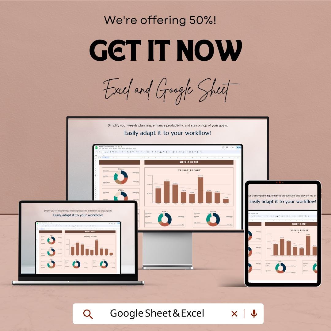 Weekly Chart Sheet | Track Weekly Sales, Performance & Data | Excel and Google Sheets Template | Productivity Tool