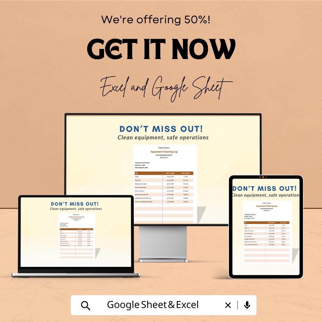 Equipment Cleaning Log Template | Google Sheets & Excel | Cleaning Schedule | Maintenance Tracker | Digital Logbook