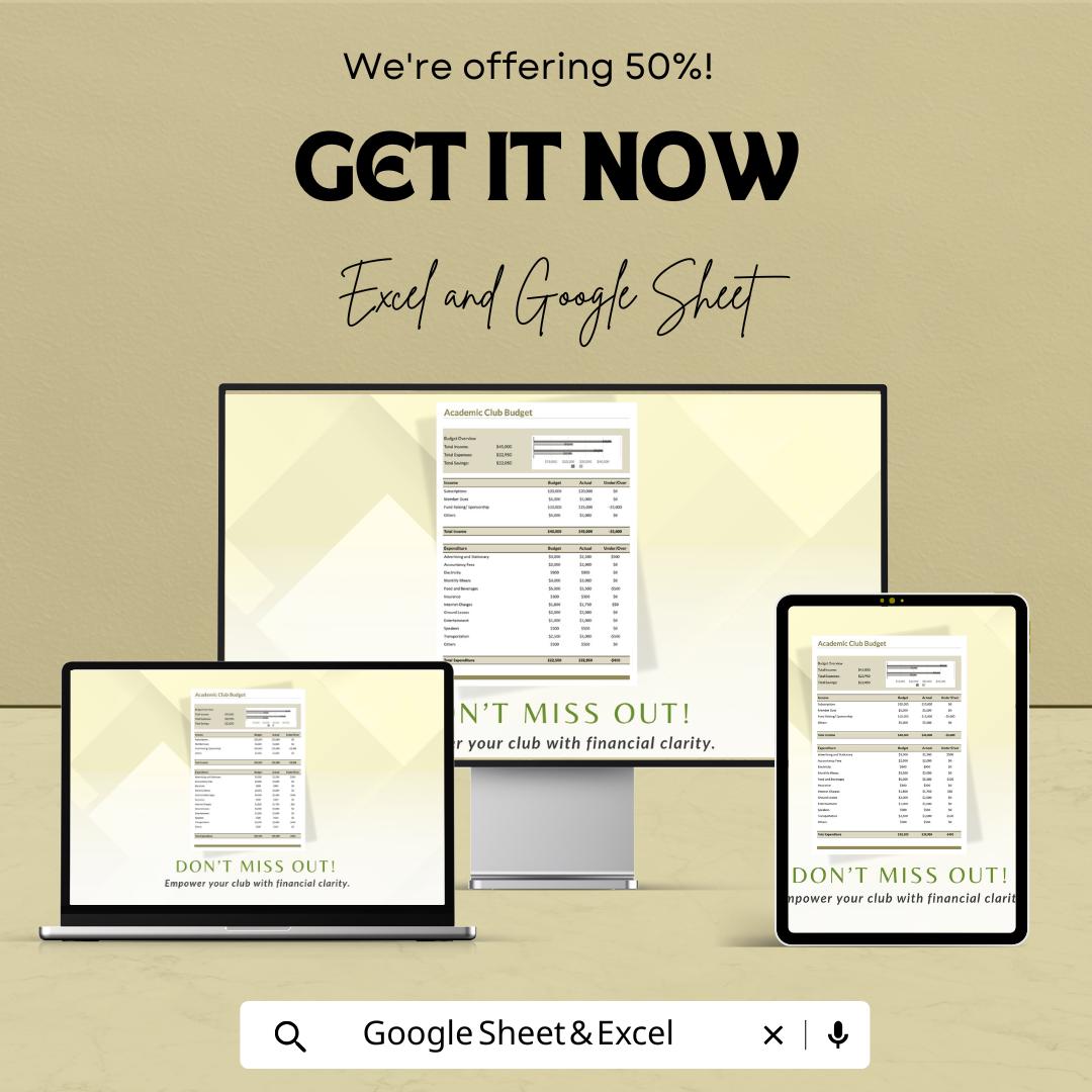 Academic Club Budget Sheet | Editable Excel & Google Sheets Template | School Club Finance Tracker | Budget Planner for Students
