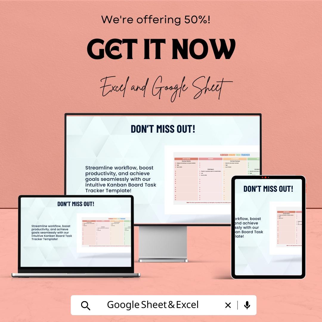 Kanban Board Task Tracker Template - Excel & Google Sheets - Organize Your Workflow - Task Management System - 50% Off