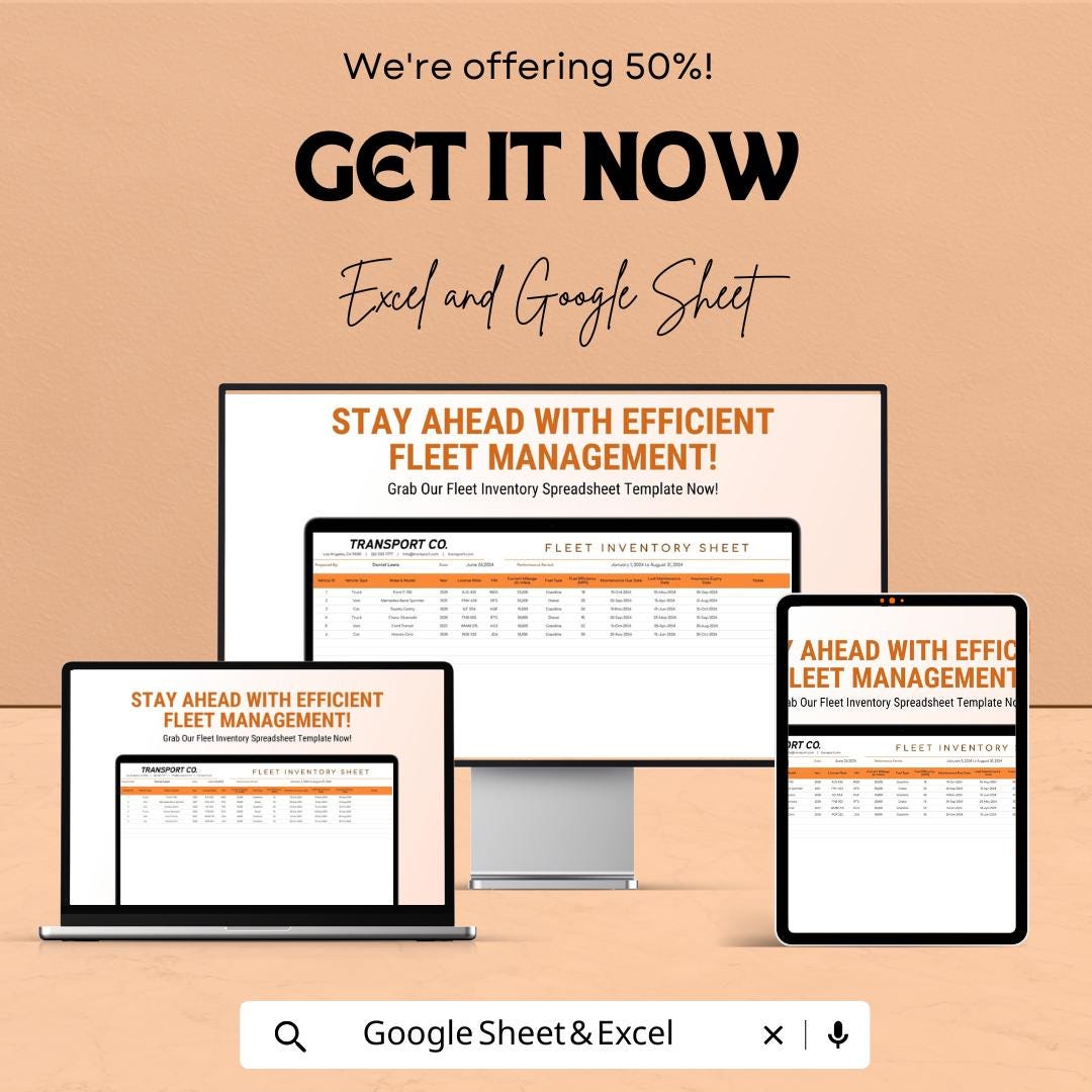 Fleet Inventory Template | Transport and Logistics Vehicle Tracker | Google Sheet & Excel Fleet Management Spreadsheet | Maintenance Log