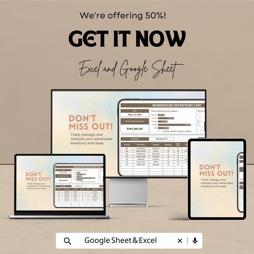 Warehouse Inventory List Sheet | Excel and Google Sheets | Track Stock In/Out | Barcode & Category Based | Inventory Management Template