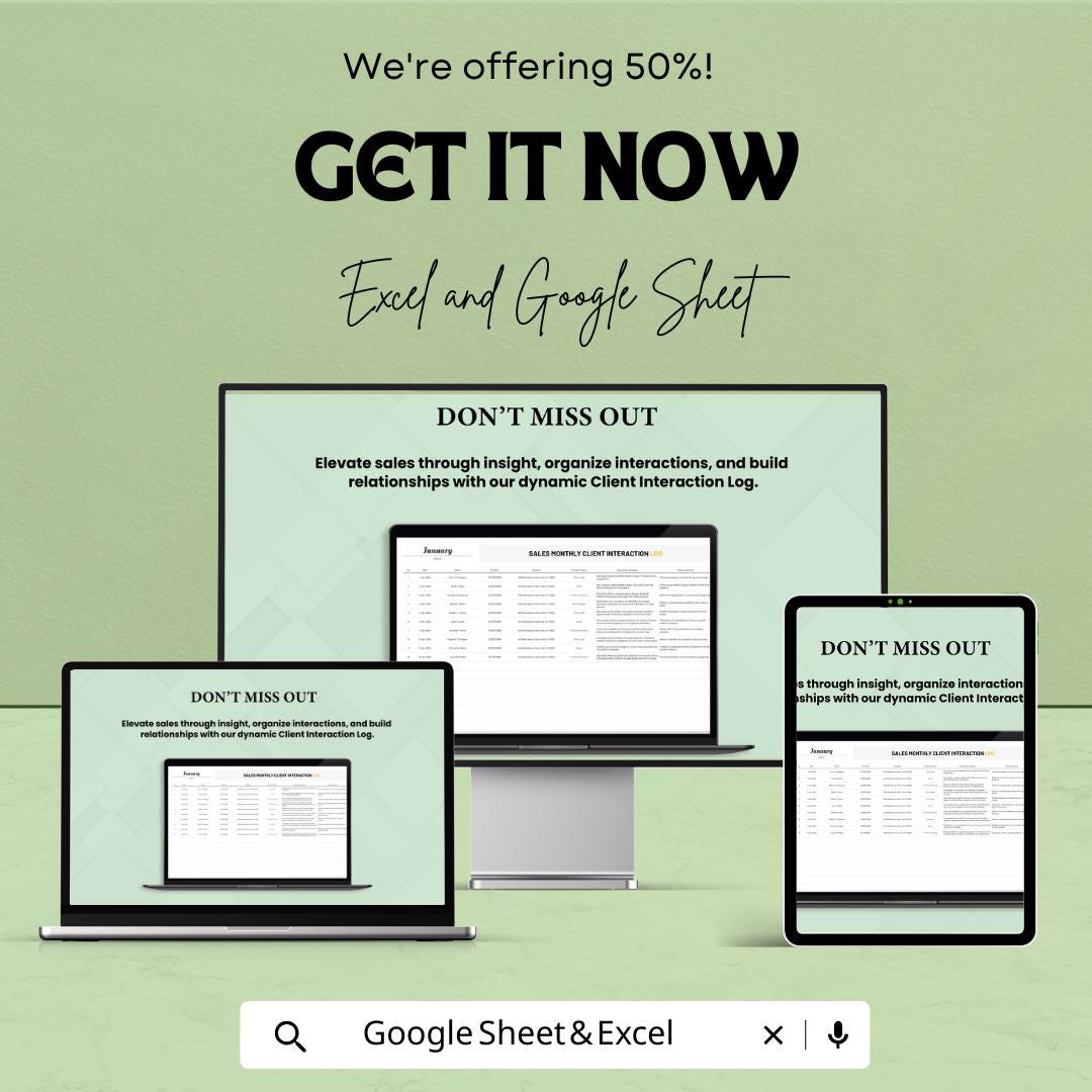 Sales Monthly Client Interaction Log Sheet | Excel & Google Sheets Template | Sales Tracking | Client Engagement | 50% Off