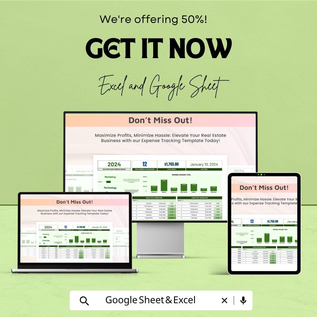 Real Estate Agent Expense Tracker | Property Management Financial Sheet | Google Sheets and Excel Template | Budget & Tax Planning Tool