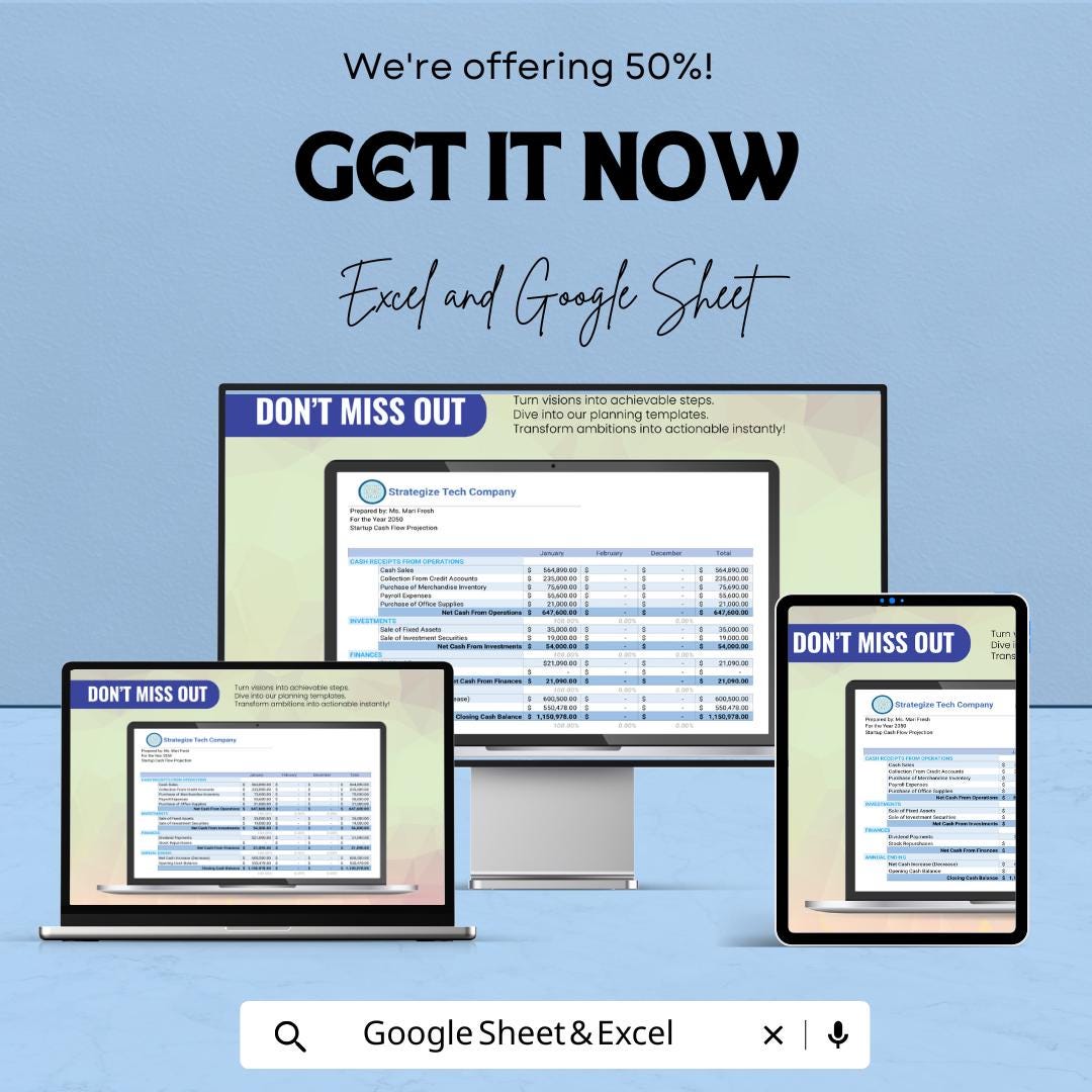 Startup Cash Flow Projection Template | Google Sheets & Excel | Business Cashflow Forecast | Monthly Finance Planner | Editable Spreadsheet