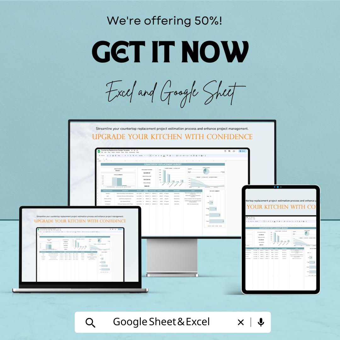 Countertop Replacement Budget Sheet | Kitchen Remodel Cost Tracker | Excel & Google Sheets | Renovation Estimate Template