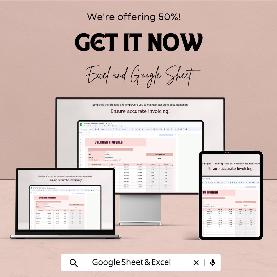 Overtime Timesheet Template | Excel & Google Sheet | Employee Timesheet Tracker | Payroll and Time Management