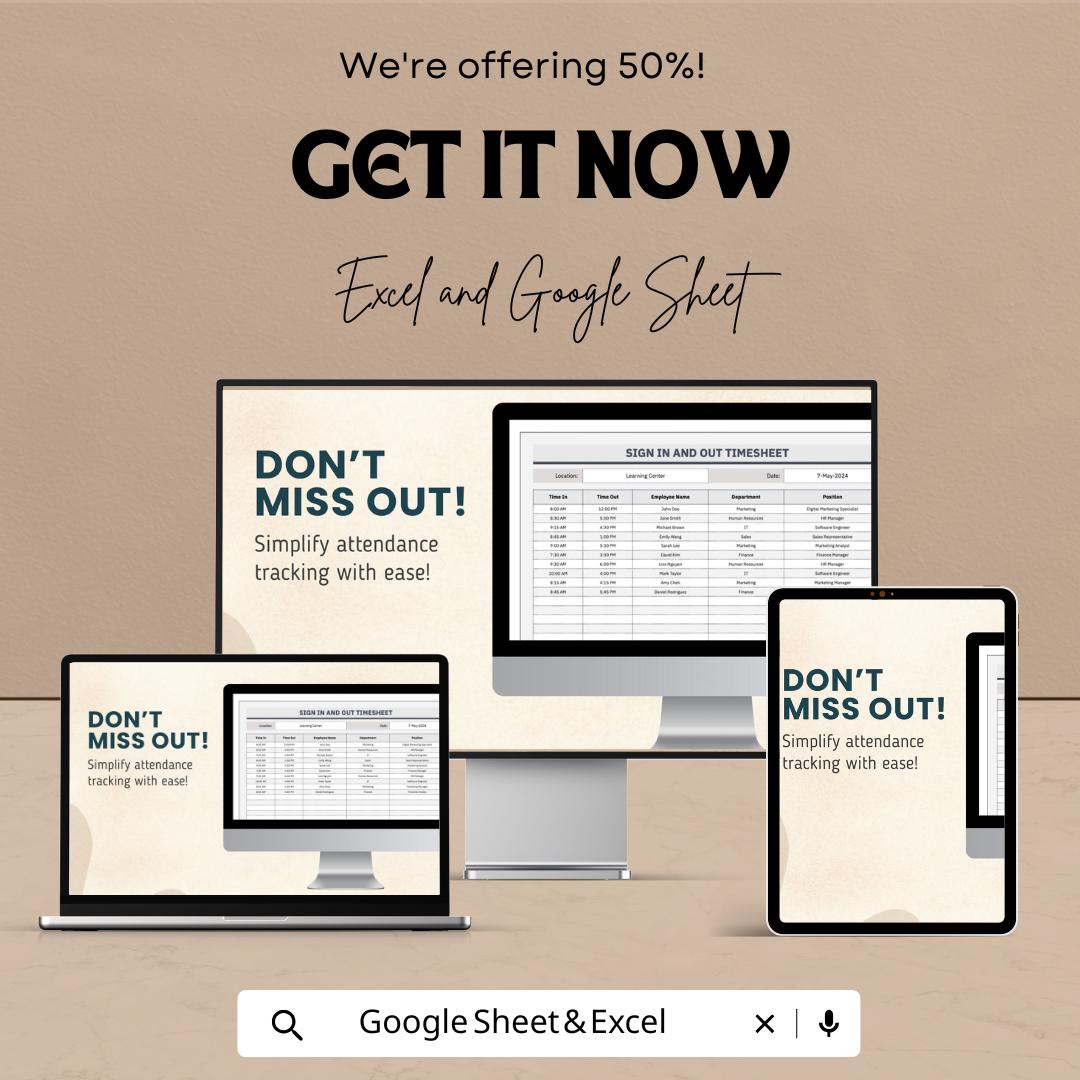 Sign In and Out Timesheet | Attendance Tracker Template | Excel & Google Sheets | Employee Time Log | Printable Sign-In Sheet