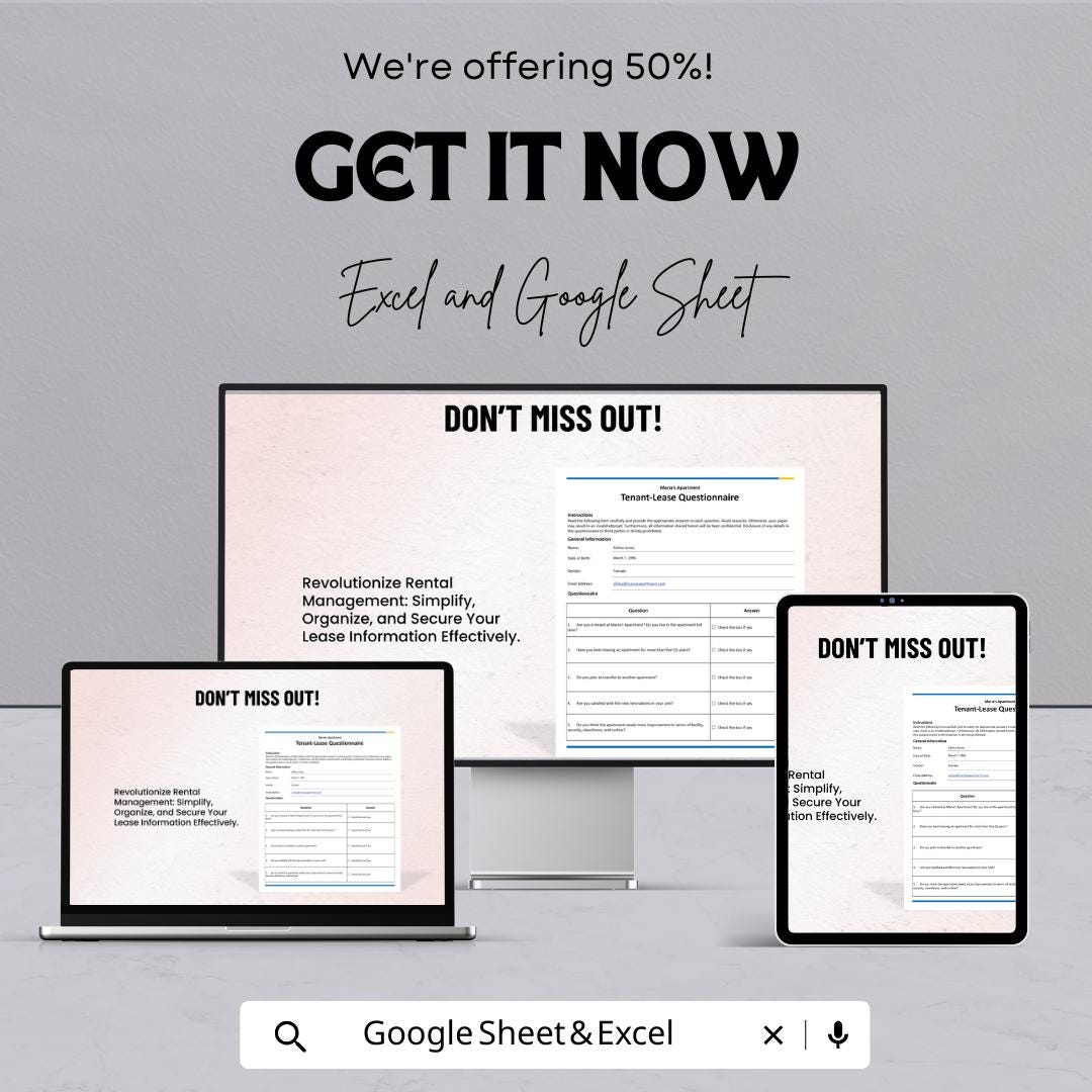 Tenant-Lease Questionnaire Sheet | Excel & Google Sheet | Tenant Information Form | Lease Agreement Form | Rental Management Tool