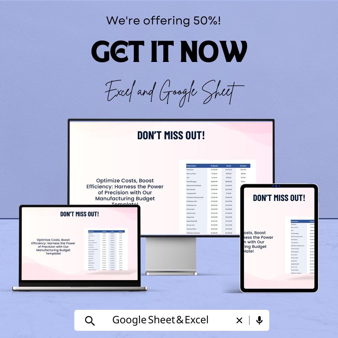 Manufacturing Budget Sheet Excel and Google Sheets | Cost Tracker, Forecasting and Financial Template for Factory & Production