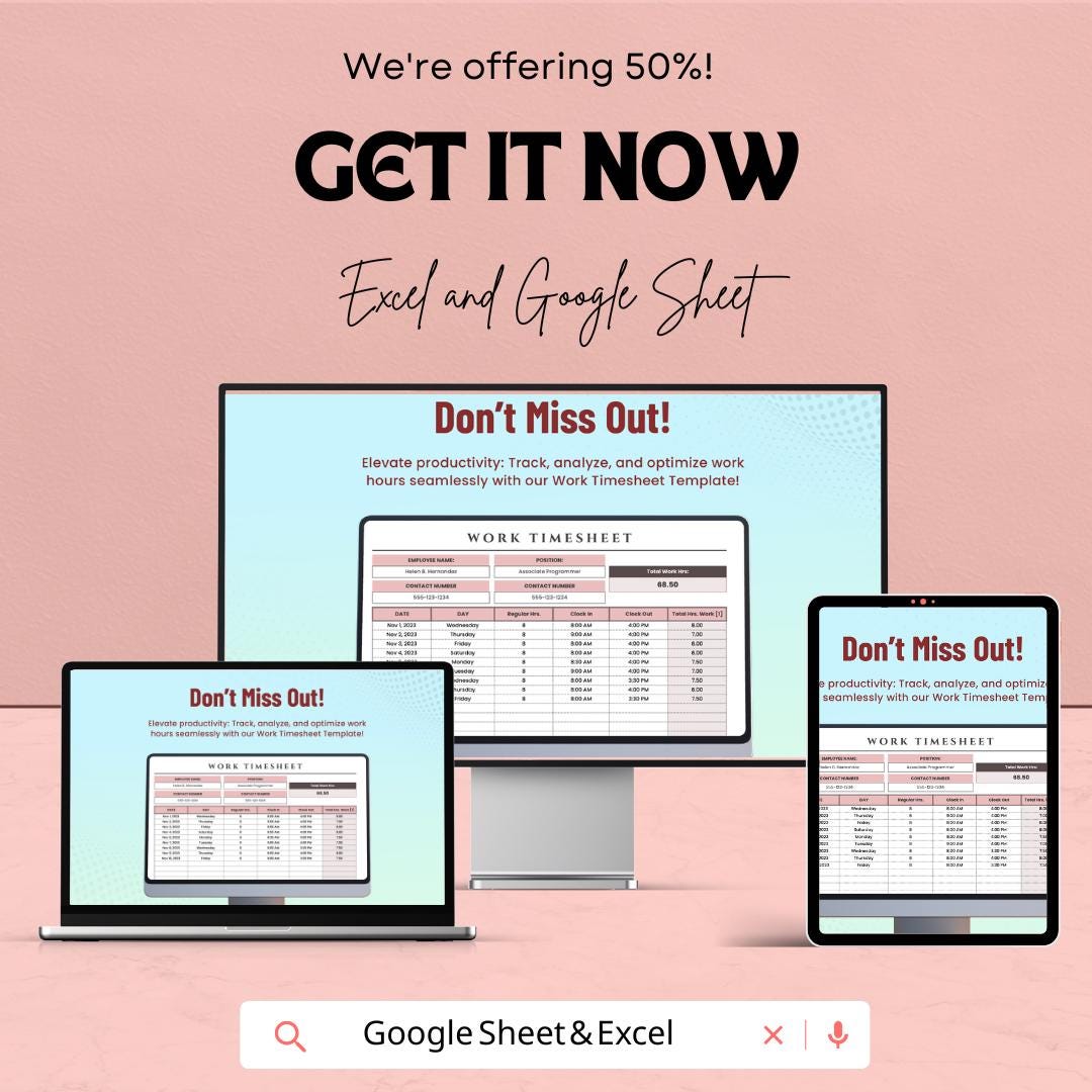 Work Timesheet Sheet for Employee Hours | Track Work Hours, Overtime, and Payroll | Excel and Google Sheet Template