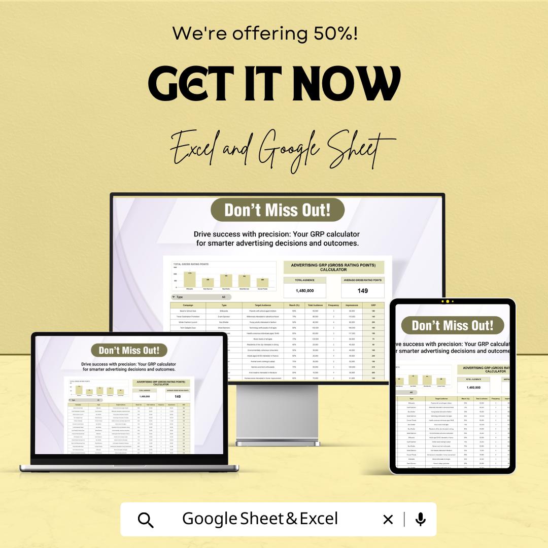 Advertising GRP Calculator | Gross Rating Points Sheet | Excel & Google Sheets | Media Planning Template | Campaign Reach Estimator