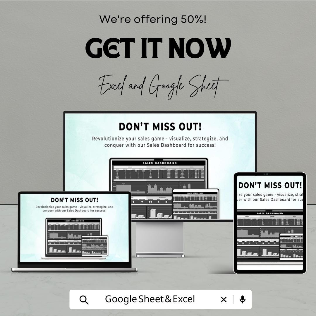 Sales Dashboard Template | Excel and Google Sheet | Sales Tracking Spreadsheet | KPI Dashboard | Performance Metrics Tracker
