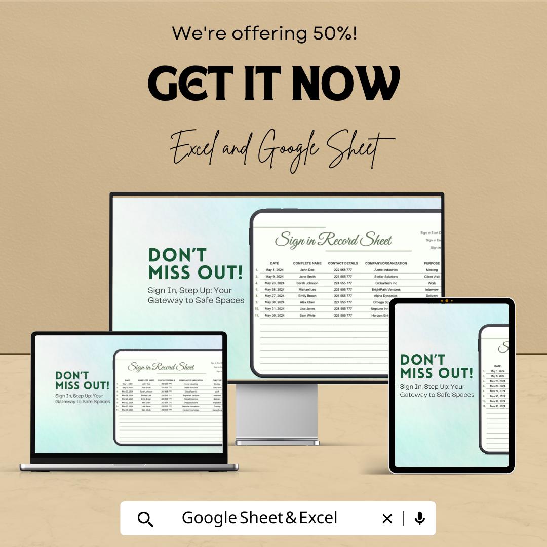 Sign In Record Sheet | Visitor Log Template | Excel & Google Sheets | Attendance Register | Editable Digital Sign-In Sheet | Printable Log